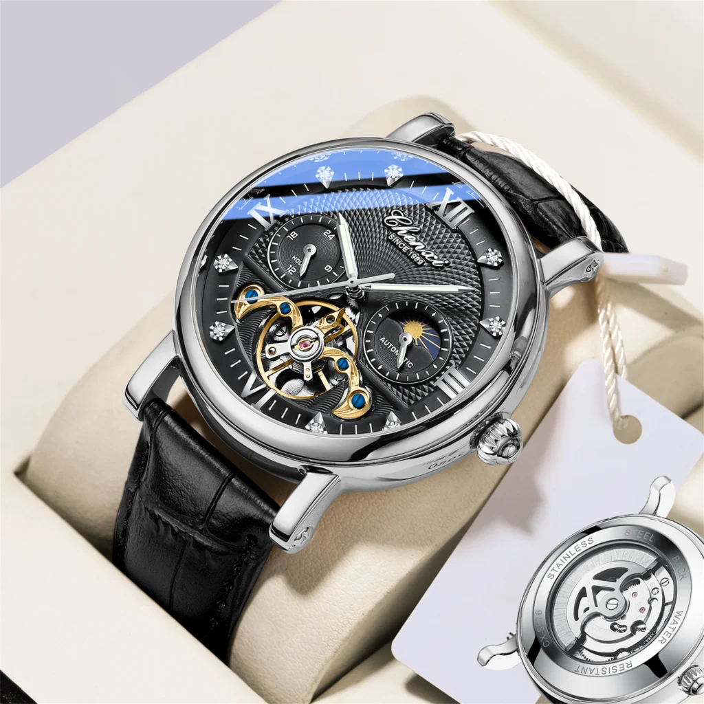 fashion cool automatic mechanical watch sun moon phase tourbillon waterproof leather strap alloy case men's watch relogio homem