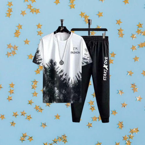 men's 2 in 1 short sleeved t shirt and pants set black